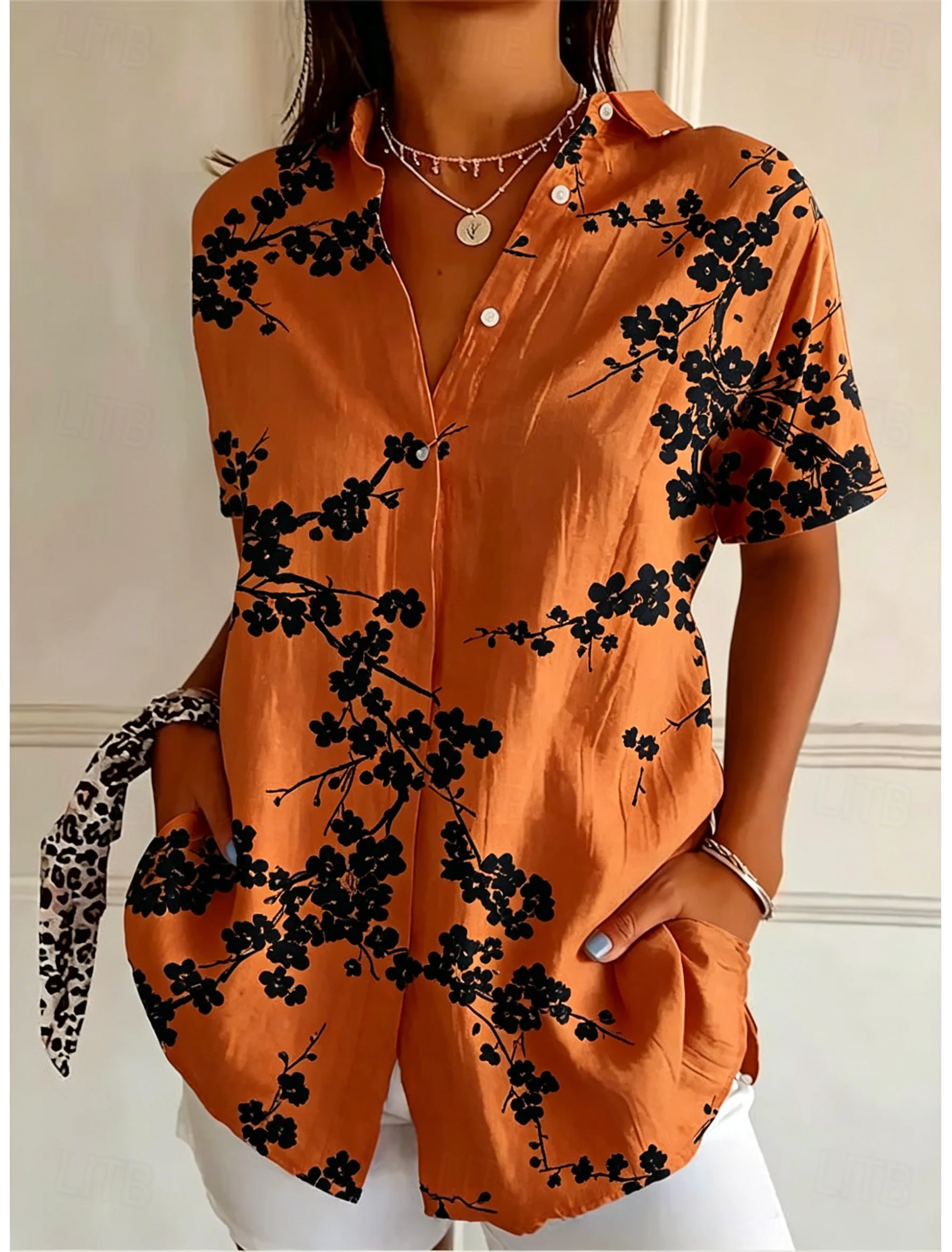 Romper Floral Print - Camisa Casual de Manga Corta con