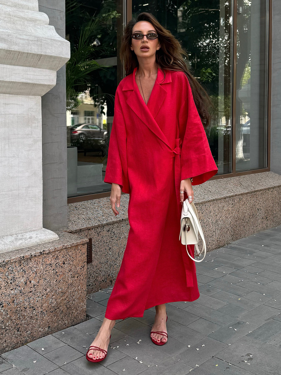 Vestido Largo Rojo Elegante de - Linen Dress Wrap reseña y precio